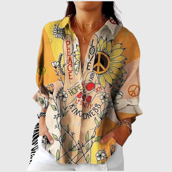 Leichte und farbenfrohe Druckbluse - Senfgelb mit Peace-Print