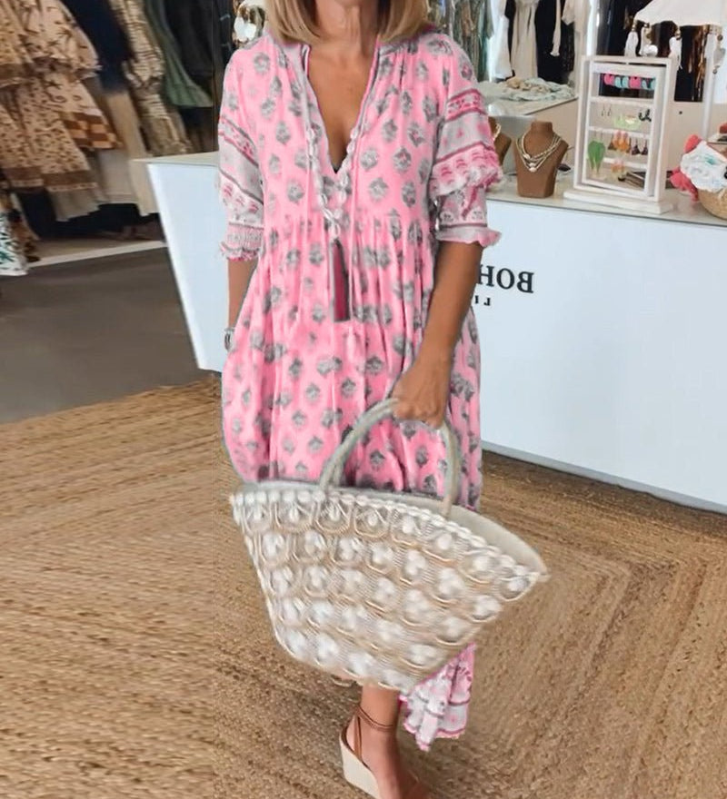 Mana | Midi-Kleid mit floralen Mustern und V-Ausschnitt