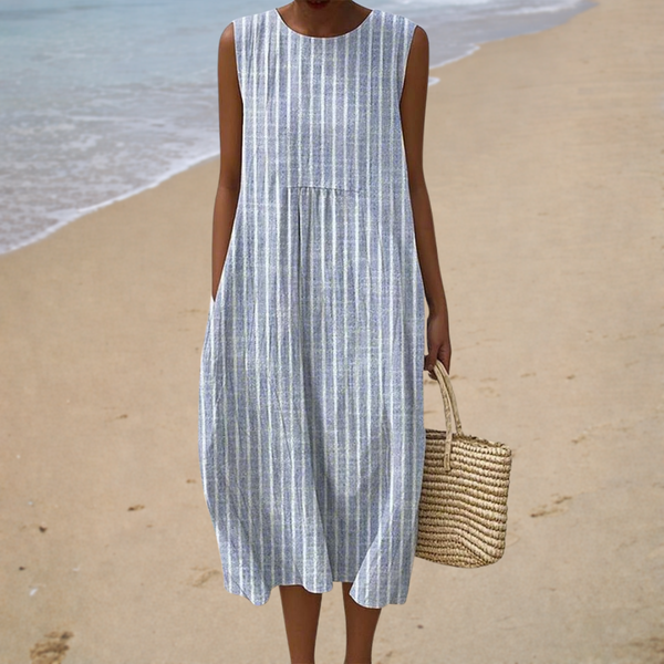Bequeme Ärmellose Sommerkleid - Hellblau gestreift