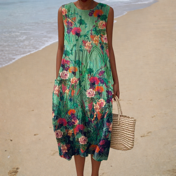 Bequeme ärmellose Sommerkleid - Grün mit Blumen
