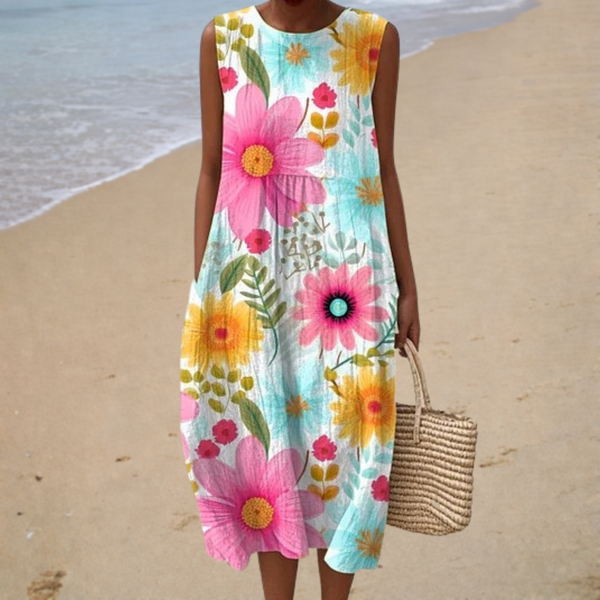 Bequeme Ärmellose Sommerkleid - Weiß mit pinken Blüten