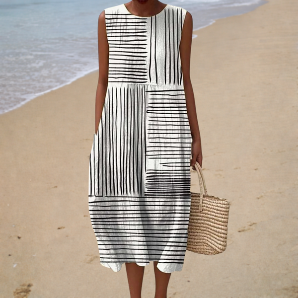 Bequeme Ärmellose Sommerkleid - Schwarz-Weiß Streifenmix