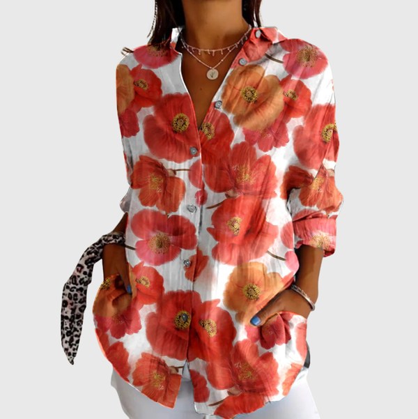 Leichte und farbenfrohe Druckbluse - Weiß mit roten Mohnblumen