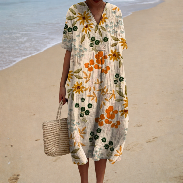 Bequeme Sommerkleid - Creme mit orangen Blüten