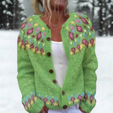 Yvonne | Grüne Strickjacke mit Folklore-Blüten
